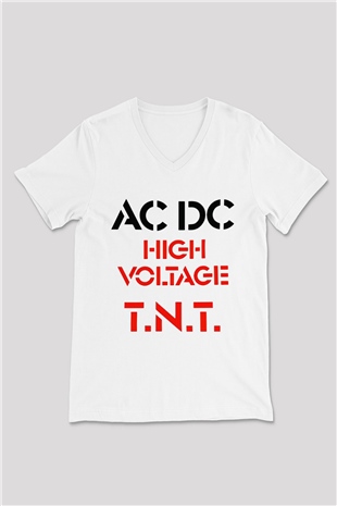 AC DC High Voltage Tnt Beyaz Unisex V Yaka Tişört T-Shirt