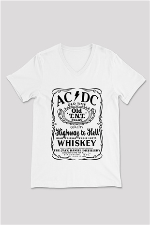 AC DC Highway To Hell Beyaz Unisex V Yaka Tişört T-Shirt