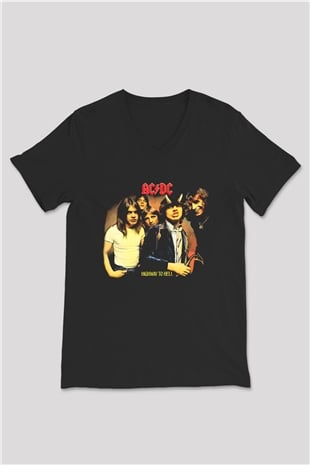 AC DC Highway To Hell Siyah Unisex V Yaka Tişört T-Shirt