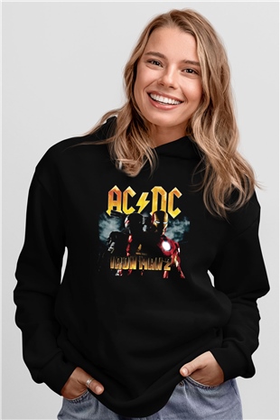 AC DC Iron Man 2 Siyah Unisex Kapüşonlu Sweatshirt