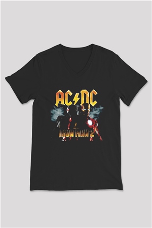AC DC Iron Man 2 Siyah Unisex V Yaka Tişört