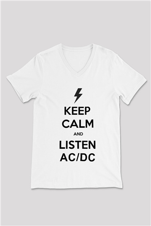 AC DC Keep Calm And Listen Beyaz Unisex V Yaka Tişört T-Shirt