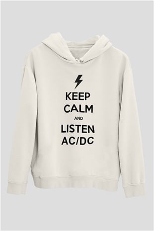 AC DC Keep Calm And Listen Beyaz Unisex Kapşonlu Sweatshirt
