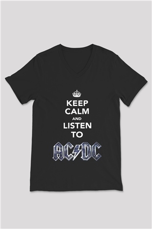 AC DC Keep Calm And Listen To Ac Dc Siyah Unisex V Yaka Tişört T-Shirt