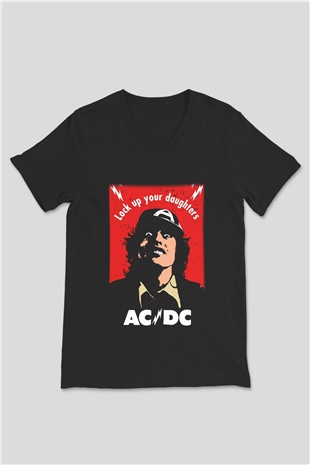 AC DC Lock Up Your Daughters Siyah Unisex V Yaka Tişört T-Shirt