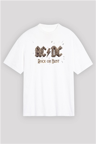 AC DC Rock Or Bust Beyaz Unisex Oversize Tişört T-Shirt