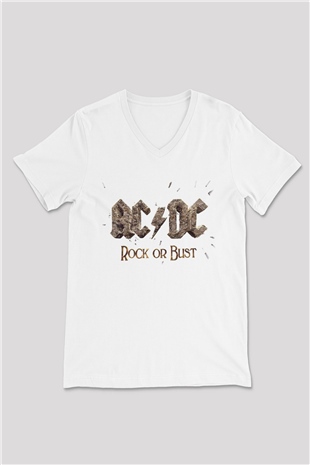 AC DC Rock Or Bust Beyaz Unisex V Yaka Tişört T-Shirt