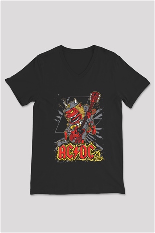 AC DC Siyah Unisex V Yaka Tişört T-Shirt