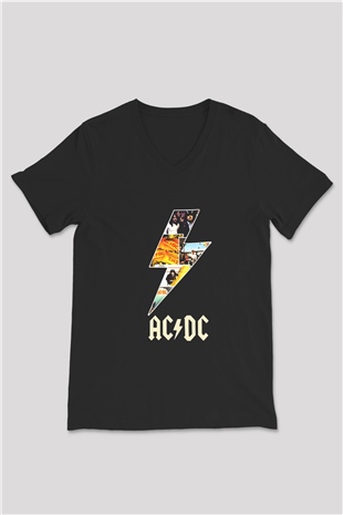AC DC Thunderbolt Siyah Unisex V Yaka Tişört T-Shirt