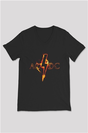 AC DC Thunderbolt Siyah Unisex V Yaka Tişört T-Shirt