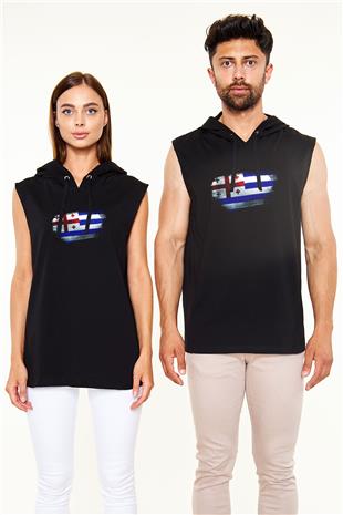 Acara Özerk Cumhuriyeti - Adjara Bayrağı Baskılı Unisex Siyah Kapüşonlu Kolsuz Tişört