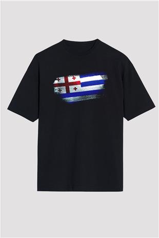 Acara Özerk Cumhuriyeti - Adjara Bayrağı Baskılı Unisex Siyah Oversize Tişört
