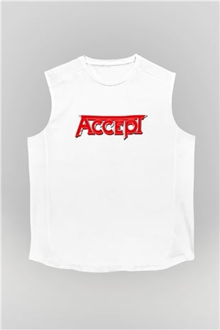 Accept Baskılı Unisex Beyaz Kolsuz Tişört
