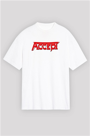 Accept Baskılı Unisex Beyaz Oversize Tişört