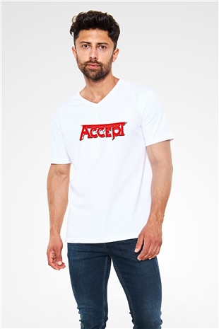 Accept Baskılı Unisex Beyaz V Yaka Tişört