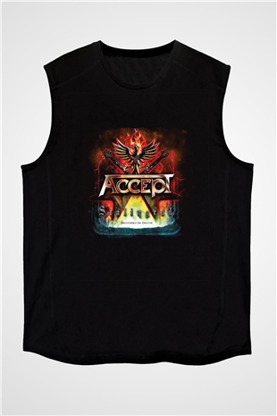 Accept Baskılı Unisex Siyah Kolsuz Tişört