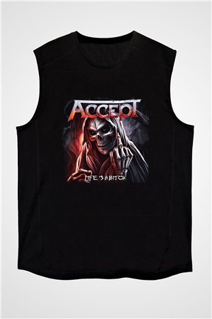 Accept Baskılı Unisex Siyah Kolsuz Tişört