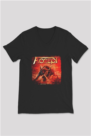 Accept Baskılı Unisex Siyah V Yaka Tişört