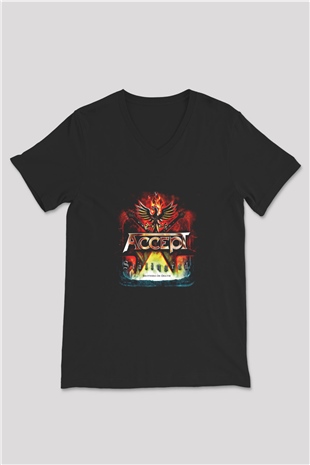 Accept Baskılı Unisex Siyah V Yaka Tişört