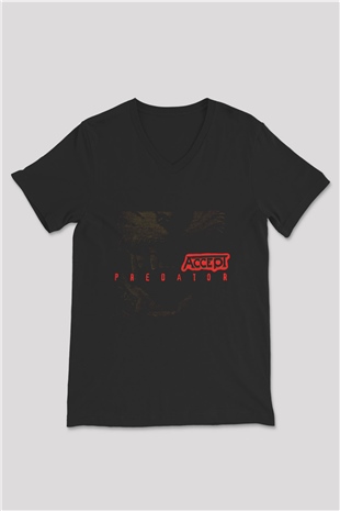Accept Baskılı Unisex Siyah V Yaka Tişört