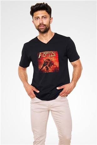 Accept Baskılı Unisex Siyah V Yaka Tişört