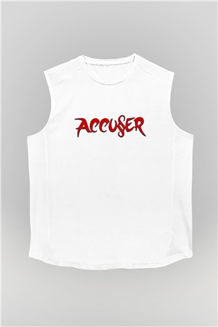 Accuser Baskılı Unisex Beyaz Kolsuz Tişört