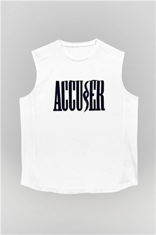Accuser Baskılı Unisex Beyaz Kolsuz Tişört