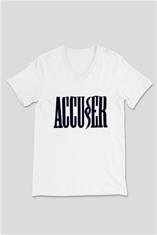 Accuser Baskılı Unisex Beyaz V Yaka Tişört