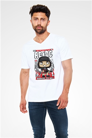 ACDC Baskılı Unisex Beyaz V Yaka Tişört