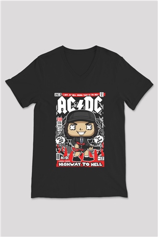 ACDC Baskılı Unisex Siyah V Yaka Tişört