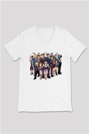 Ace Attorney Beyaz Unisex V Yaka Tişört