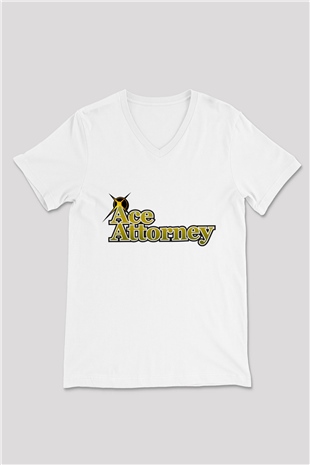 Ace Attorney Beyaz Unisex V Yaka Tişört T-Shirt