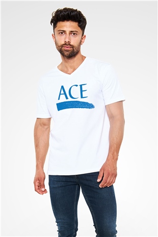 Ace Beyaz Unisex V Yaka Tişört T-Shirt
