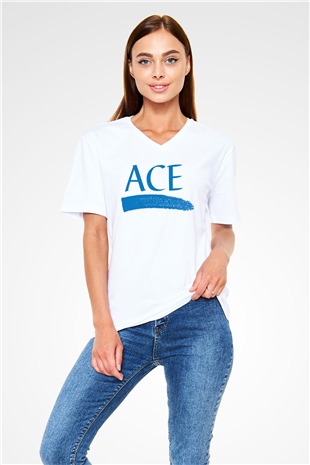 Ace Beyaz Unisex V Yaka Tişört T-Shirt