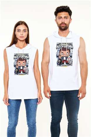Ace Ventura Baskılı Unisex Beyaz Kapüşonlu Kolsuz Tişört