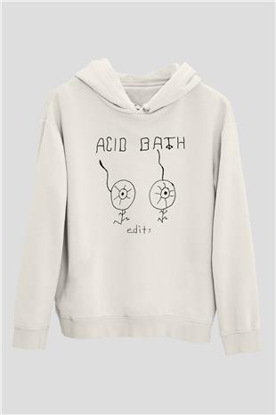 Acid Bath Baskılı Beyaz Unisex Kapüşonlu Sweatshirt