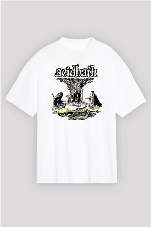 Acid Bath Baskılı Beyaz Unisex Oversize Tişört - Tshirt