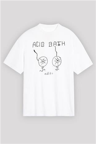 Acid Bath Baskılı Beyaz Unisex Oversize Tişört - Tshirt