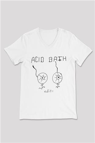 Acid Bath Baskılı Beyaz Unisex V Yaka Tişört - Tshirt