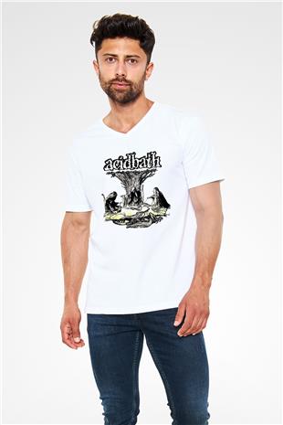 Acid Bath Baskılı Beyaz Unisex V Yaka Tişört - Tshirt