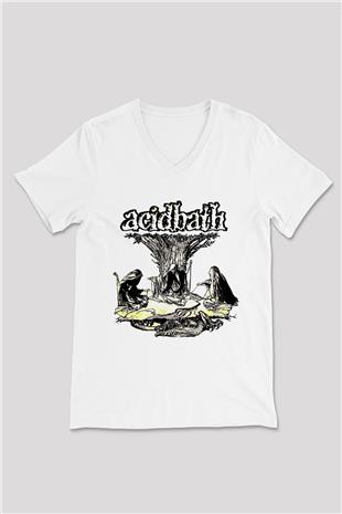 Acid Bath Baskılı Beyaz Unisex V Yaka Tişört - Tshirt