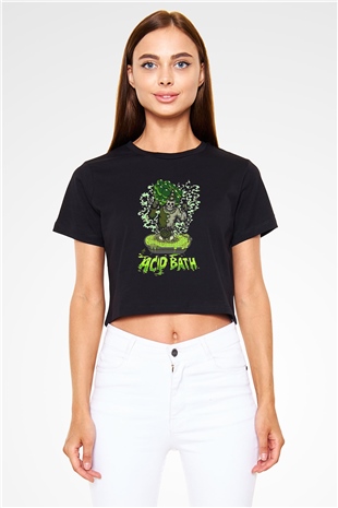 Acid Bath Baskılı Siyah Crop Top Kadın Tişört - Tshirt