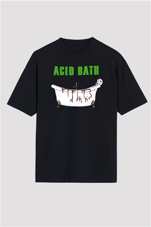 Acid Bath Baskılı Unisex Siyah Oversize Tişört - Tshirt