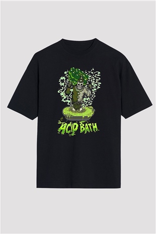 Acid Bath Baskılı Unisex Siyah Oversize Tişört - Tshirt
