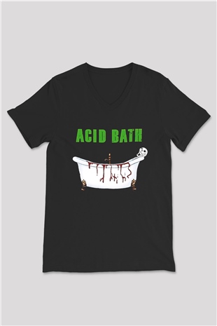 Acid Bath Baskılı Unisex Siyah V Yaka Tişört - Tshirt