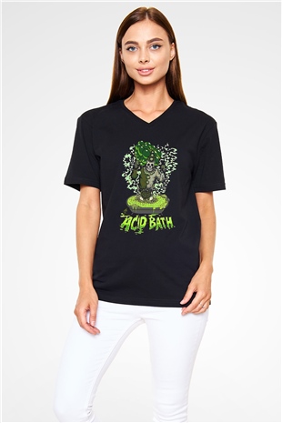 Acid Bath Baskılı Unisex Siyah V Yaka Tişört - Tshirt