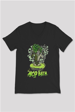 Acid Bath Baskılı Unisex Siyah V Yaka Tişört - Tshirt