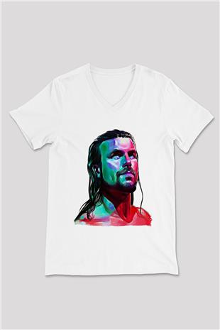 Adam Cole Baskılı Beyaz Unisex V Yaka Tişört - Tshirt