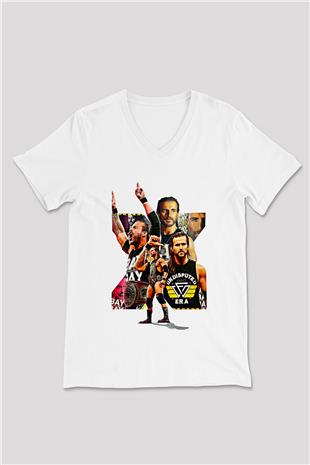 Adam Cole Baskılı Beyaz Unisex V Yaka Tişört - Tshirt