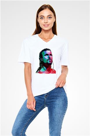 Adam Cole Baskılı Beyaz Unisex V Yaka Tişört - Tshirt